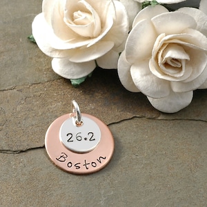 Tiny marathon round silver and copper stacked tag - 13.1, 26.2, 5K, 10K, City, distance, date