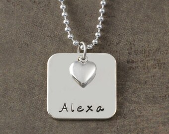 Hand stamped - Personalized Square  with Heart Charm