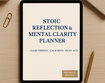 May include: A black tablet displaying the text "STOIC REFLECTION & MENTAL CLARITY PLANNER" in blue. Below, it reads "CLEAR THINKING • CALM MIND • RIGHT ACTI". A gold pen and paperclip are on a light wood surface.