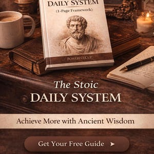 May include: A book titled "The Stoic Daily System" with a portrait of a man on the cover, alongside other books, a coffee mug, candles, and a pen. The image promotes a free guide to achieve more with ancient wisdom.