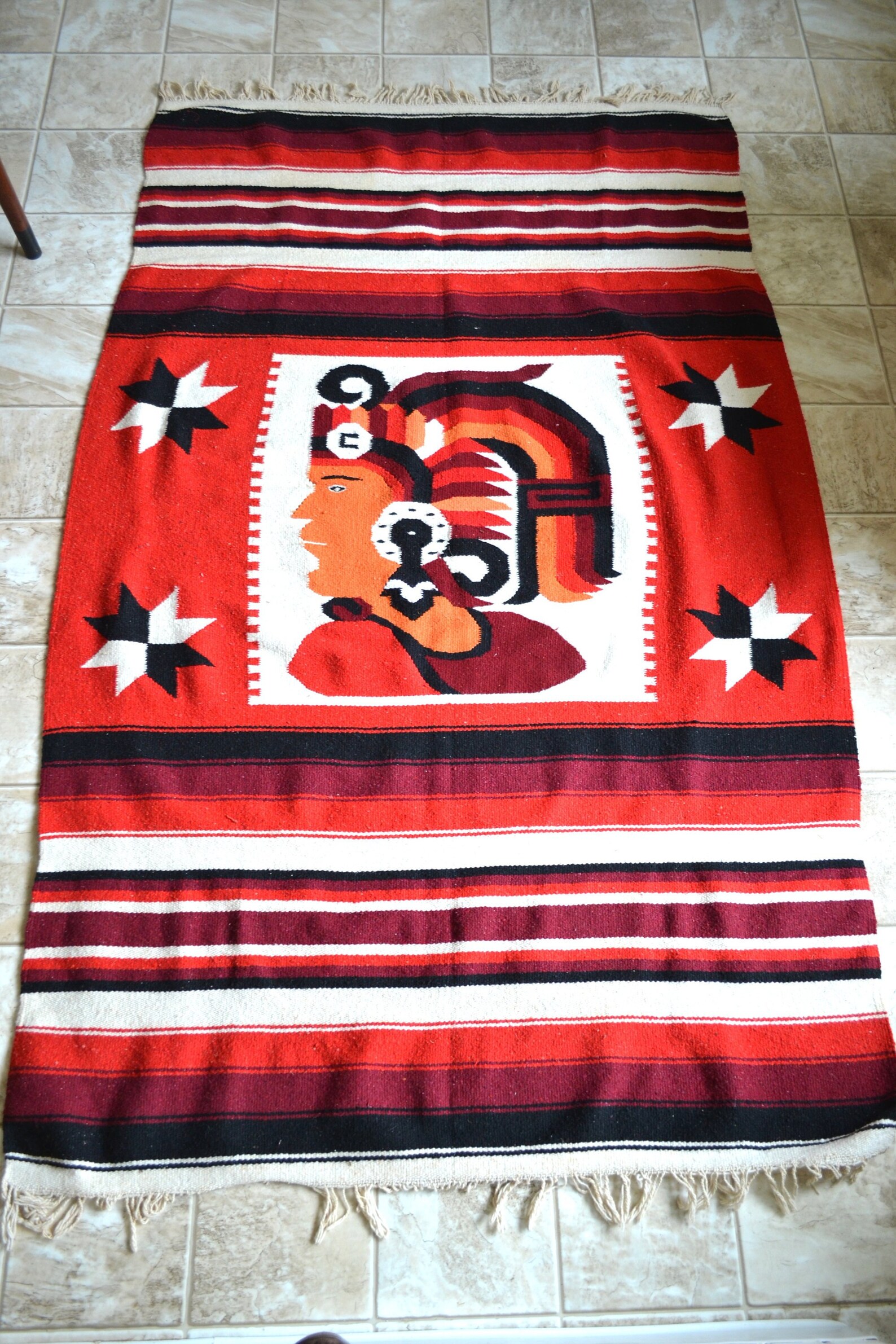 Vintage Mexican Aztec Warrior Wool Blanket Etsy