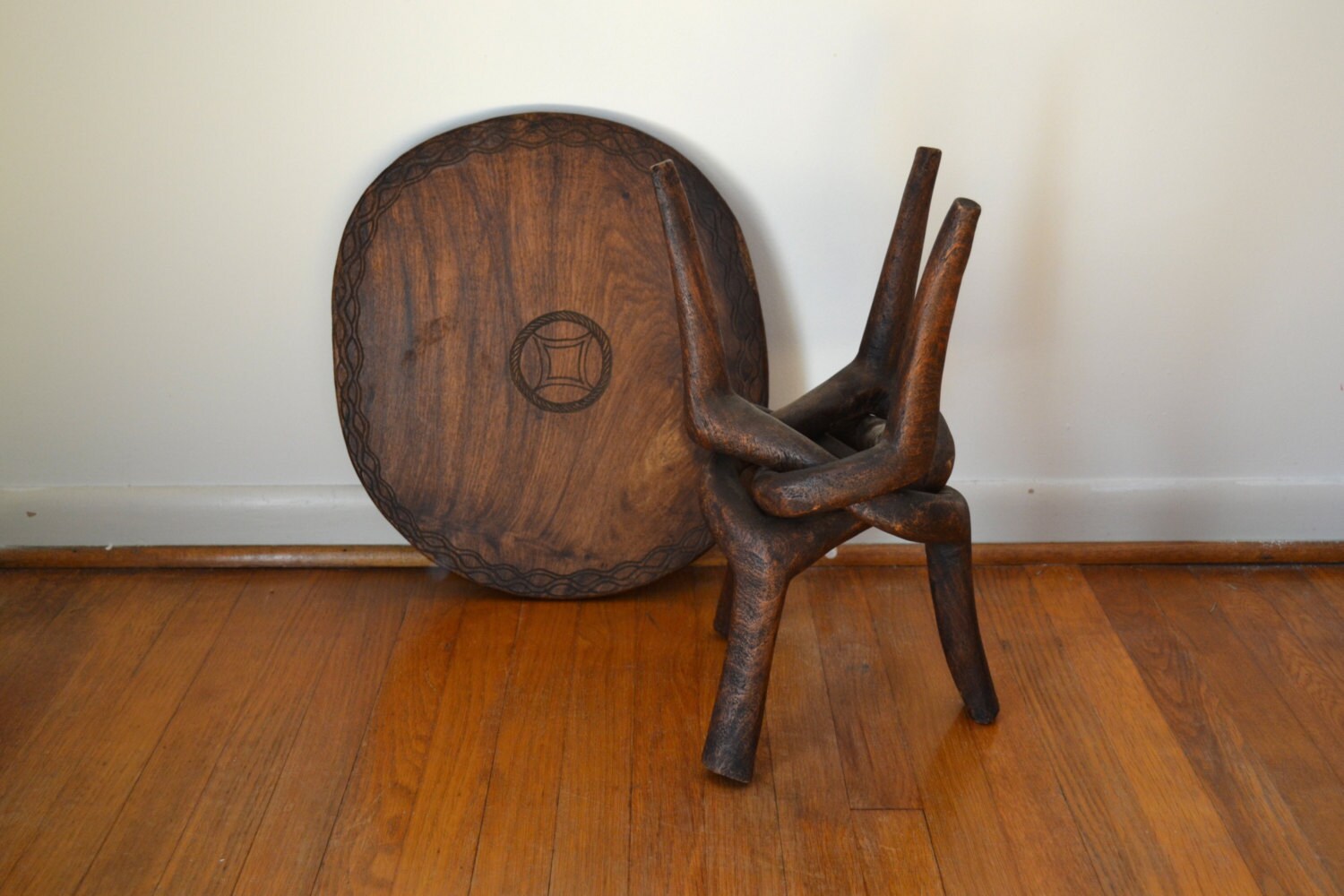 African Hand Carved Wood Folding Tripod Table Etsy