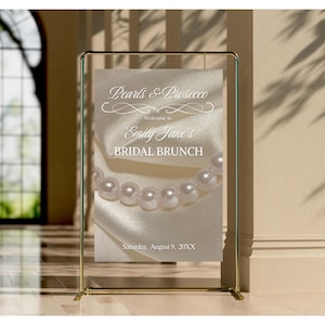 Minimalistische Perlen und Prosecco Brautdusche Willkommensschild Vorlage, benutzerdefiniertes Gold zum ausdrucken, bearbeitbares Brautbrunchschild, digitaler Download