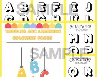 May include: A collection of alphabet coloring pages for toddlers. The pages feature large, bold letters with a black outline and the words "ALPHABET COLORING". The image also includes the text "TODDLER ABC LEARNING COLORING PAGES".