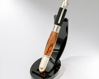 Revolver Pen — Spinning 6-Barrel Cylinder, Hand-Turned | Crotch Mahogany, Amboyna or Thuya Burl