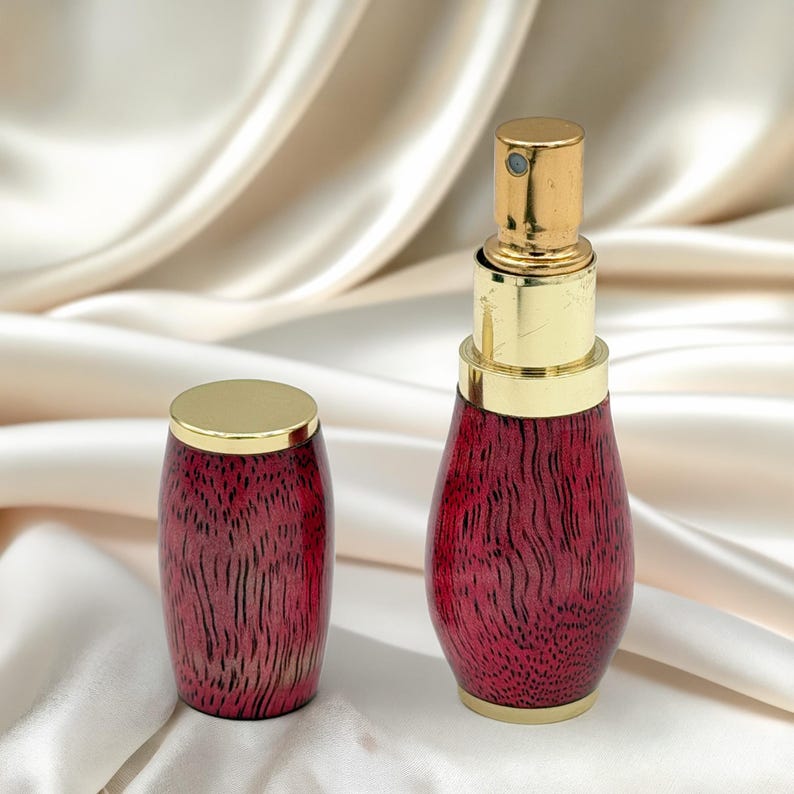 Hand-turned dyed mango wood perfume atomizer with gold trim, refillable travel purse spray