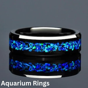 Handgjord blå opal svart volfram vigselringset: Comfort Fit-ringar