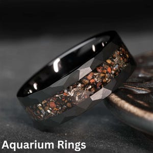 Dinosaur bone & Meteorite ring, 8mm Hammered Brushed Tungsten Band, Men&#39;s Ring, dinosaur bone ring, Black Wedding Band, Perfect Gift For Him