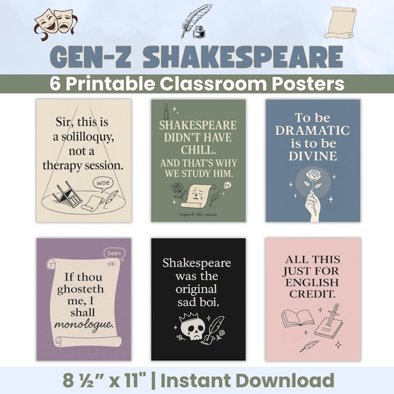 Gen Z Slang Shakespeare Posters Funny English Classroom Decor Boho Literature Prints High School ELA Teacher Gift AP Lit Instant Download