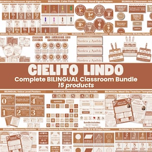 Bearbeitbares zweisprachiges Klassenzimmer Dekor Bündel Spanisch und Englisch Poster PDF und Canva Vorlagen Cielito Lindo Theme Back to School Set