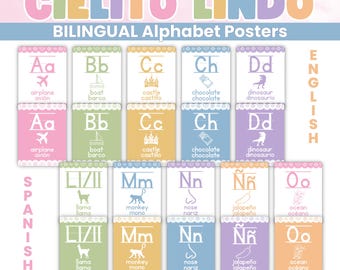 Cielito Lindo Bilingual Alphabet Posters Pastel Rainbow Classroom Decor English Spanish ABC PDF Instant Download Dual Language Resource