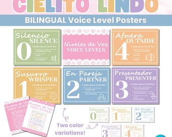 Bilingual Voice Levels Posters | Spanish English Classroom Management | Cielito Lindo Pastel Rainbow | Editable Canva Digital Download