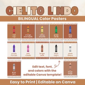 Zweisprachige Farbposter Spanisch und Englisch Printable Crayon Neutral Cielito Lindo Theme Klassenzimmer Dekor PDF und bearbeitbare Canva Vorlage