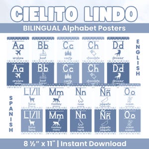 Bilingual Classroom Alphabet Posters PDF Blue Cielito Lindo Style Classroom Decor Dual Immersion ABC Printable Papel Picado Dual Language