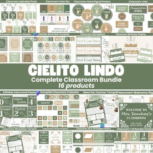 Könnte beinhalten: Ein Klassensatz mit dem Titel "CIELITO LINDO Complete Classroom Bundle 16 products". Das Bild zeigt verschiedene Bildungsressourcen, darunter Poster, Kalender und Namensschilder. Die Farbgebung ist überwiegend grün, braun und weiß.