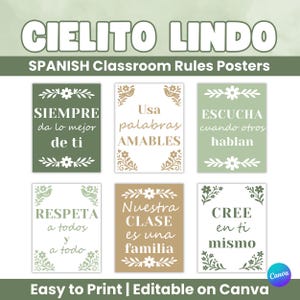 May include: A set of six Spanish classroom rules posters with floral and bird accents. The posters feature phrases like "Siempre da lo mejor de ti" and "Nuestra clase es una familia." The title "CIELITO LINDO" is at the top. The posters are easy to print and editable on Canva.