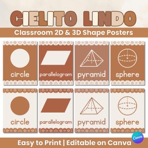 May include: Educational posters featuring 2D and 3D shapes, including circles, parallelograms, pyramids, and spheres. The posters have a brown and cream color scheme with decorative lace-like borders. Text includes "CIELITO LINDO" and shape names.