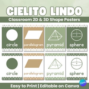 May include: Educational posters featuring 2D and 3D shapes. The posters include a circle, parallelogram, pyramid, and sphere, with the shape names below each image. The text "CIELITO LINDO" and "Classroom 2D & 3D Shape Posters" are at the top.