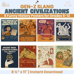 Ancient Civilizations Slang Posters Set of 8 Funny History Prints for Middle School or High School Social Studies Bulletin Board Sixth Grade