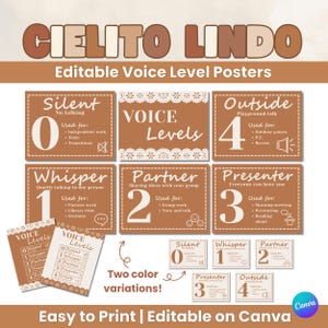 May include: A set of brown and white voice level posters with the text "CIELITO LINDO" at the top. The posters include levels for silent, whisper, partner, presenter, and outside. The posters are easy to print and editable on Canva.