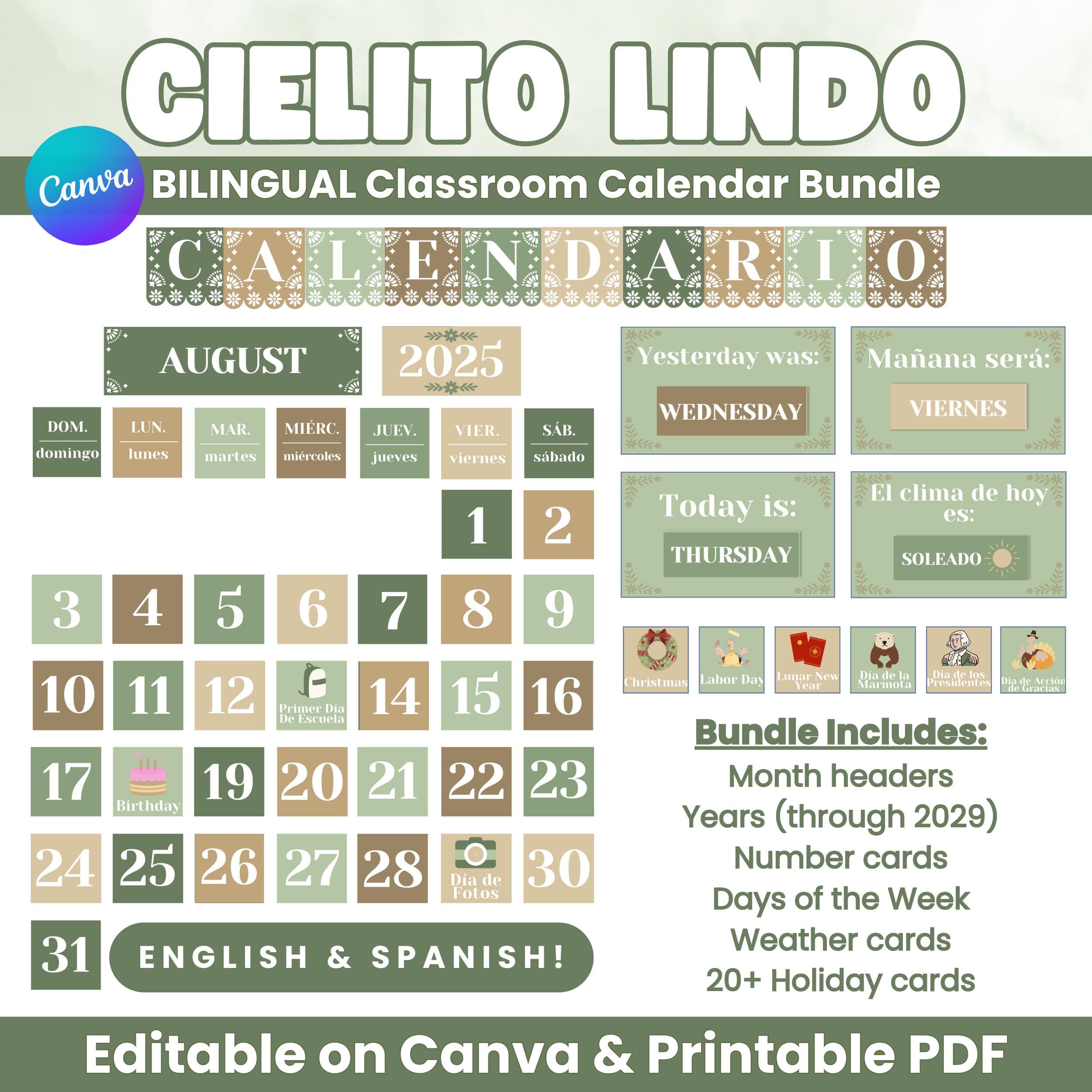 Bilingual Classroom Calendar Sage Green Neutral Cielito Lindo Theme ...