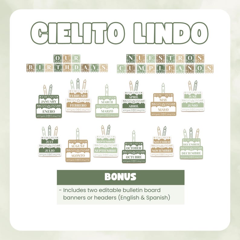 Bilingual Classroom Birthday Display Green Neutral Cielito Lindo Theme ...