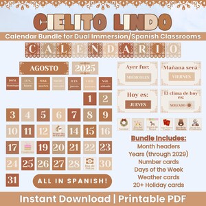 Spanish Classroom Calendar Printable Cielito Lindo PDF Bundle Bilingual Pocket Chart Cards Dual Immersion Calendar Kit for Teachers