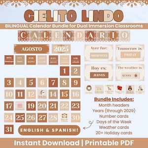 Pacote de calendário de sala de aula bilíngue para impressão em PDF, cartões de bolso em inglês e espanhol para professores, kit de calendário de imersão dupla para educação domiciliar