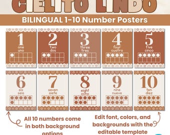 Cielito Lindo Bilingual Number Posters 1 to 10 Editable Canva Template Spanish English Math Classroom Decor Ten Frame PreK Kinder Primary