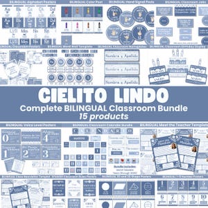 Zweisprachiges Blaues Klassenzimmer Dekor Paket Cielito Lindo Stil Bearbeitbare Canva Vorlagen Spanisch und Englisch Poster PDF Klassenzimmer Einrichtung