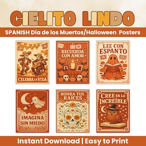 Spanish Classroom Posters Día de los Muertos Halloween Bundle | Cielito Lindo Folk Art Set Terracotta Cream | Hispanic Heritage Wall Decor