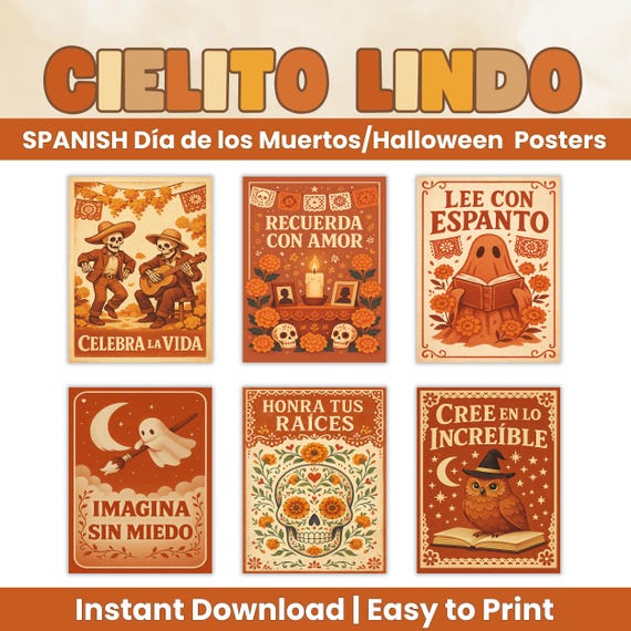 Spanish Classroom Posters Día de los Muertos Halloween Bundle | Cielito Lindo Folk Art Set Terracotta Cream | Hispanic Heritage Wall Decor