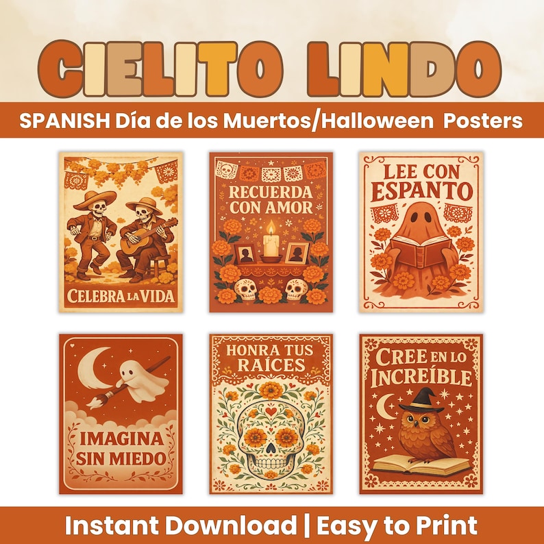 Spanish Classroom Posters Día de los Muertos Halloween Bundle | Cielito Lindo Folk Art Set Terracotta Cream | Hispanic Heritage Wall Decor