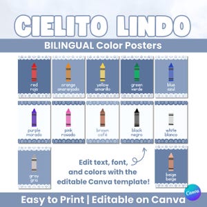 Zweisprachige Farbposter Blau Cielito Lindo Stil Bearbeitbare Canva Vorlage Spanisch Englisch Klassenzimmer Dekor PDF Buntstift Themenset