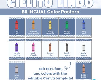 Bilingual Color Posters Blue Cielito Lindo Style Editable Canva Template Spanish English Classroom Decor PDF Crayon Theme Set