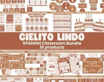 Cielito Lindo Spanish Classroom Decor Bundle Neutral Theme Editable PDF Canva Posters Alphabet Numbers Jobs Signs Classroom Setup