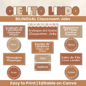 Bearbeitbare zweisprachige Klassenzimmer Job Karten Spanisch und Englisch Canva Vorlage Neutral Cielito Lindo Theme Runde und rechteckige Namen Tags PDF