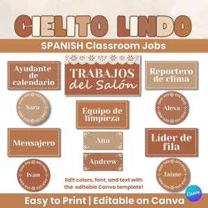 May include: A Spanish classroom jobs chart in brown and tan tones, featuring the words "CIELITO LINDO". The chart displays job titles in Spanish, including "Ayudante de calendario" and "Reportero de clima".