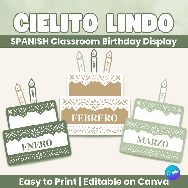 Spanish Birthday Display for Classroom Green Neutral Cielito Lindo ...