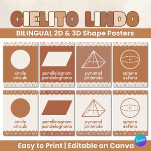 Zweisprachige 2D- und 3D-Form Poster Neutral Cielito Lindo Spanisch Englisch Geometrie Klassenzimmer Dekor bearbeitbar Canva Vorlage Dual Immersion