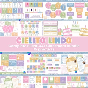 May include: A collection of 15 bilingual classroom educational posters and templates in pastel colors. The bundle includes alphabet, color, hand signal, job, nameplate, birthday, word wall, calendar, meet the teacher, and shape posters.