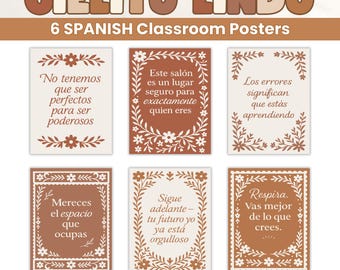 Spanish Cielito Lindo Classroom Posters Set of 6 Printable Bilingual Boho Decor Spanish Teachers and Bulletin Boards Affirmation Posters