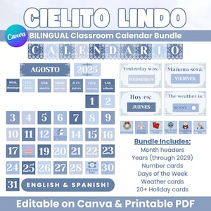 Bearbeitbarer zweisprachiger Klassenzimmer Kalender Bundle Canva Vorlage Englisch und Spanisch Blau Cielito Lindo Style Printable PDF Dual Immersion Decor