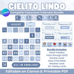 Könnte beinhalten: Ein komplettes Klassenzimmer-Kalender-Bundle in Blautönen mit dem Text "CIELITO LINDO" und "CALENDAR". Enthält Monatsüberschriften, Zahlenkarten, Wochentage, Wetterkarten und Feiertagskarten. Bearbeitbar auf Canva und als PDF druckbar.