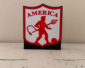 Red Devil Shield Desk Sign - Cali Football Fan Decor - Scarlet Crest Wall Art - Colombian Soccer Inspired Gift