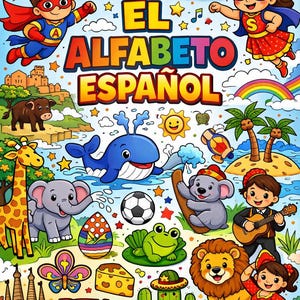 May include: A colorful children's book cover with the text "Mi Libro para Colorear! EL ALFABETO ESPAÑOL". The illustration features superheroes, animals, musical instruments, and Spanish cultural elements like a flamenco dancer and a cactus.