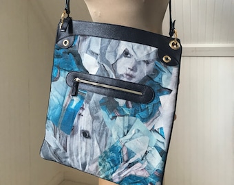 Giles Deacon British Designer Anime Girl Print Large Messenger Bag, Leather and Canvas