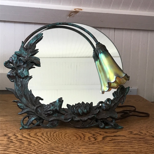 LOCAL PICKUP only--Antique Art Nouveau Tiffany Studios New York Stamped Brass Frog and Calla Lily Mirror with a Lamp