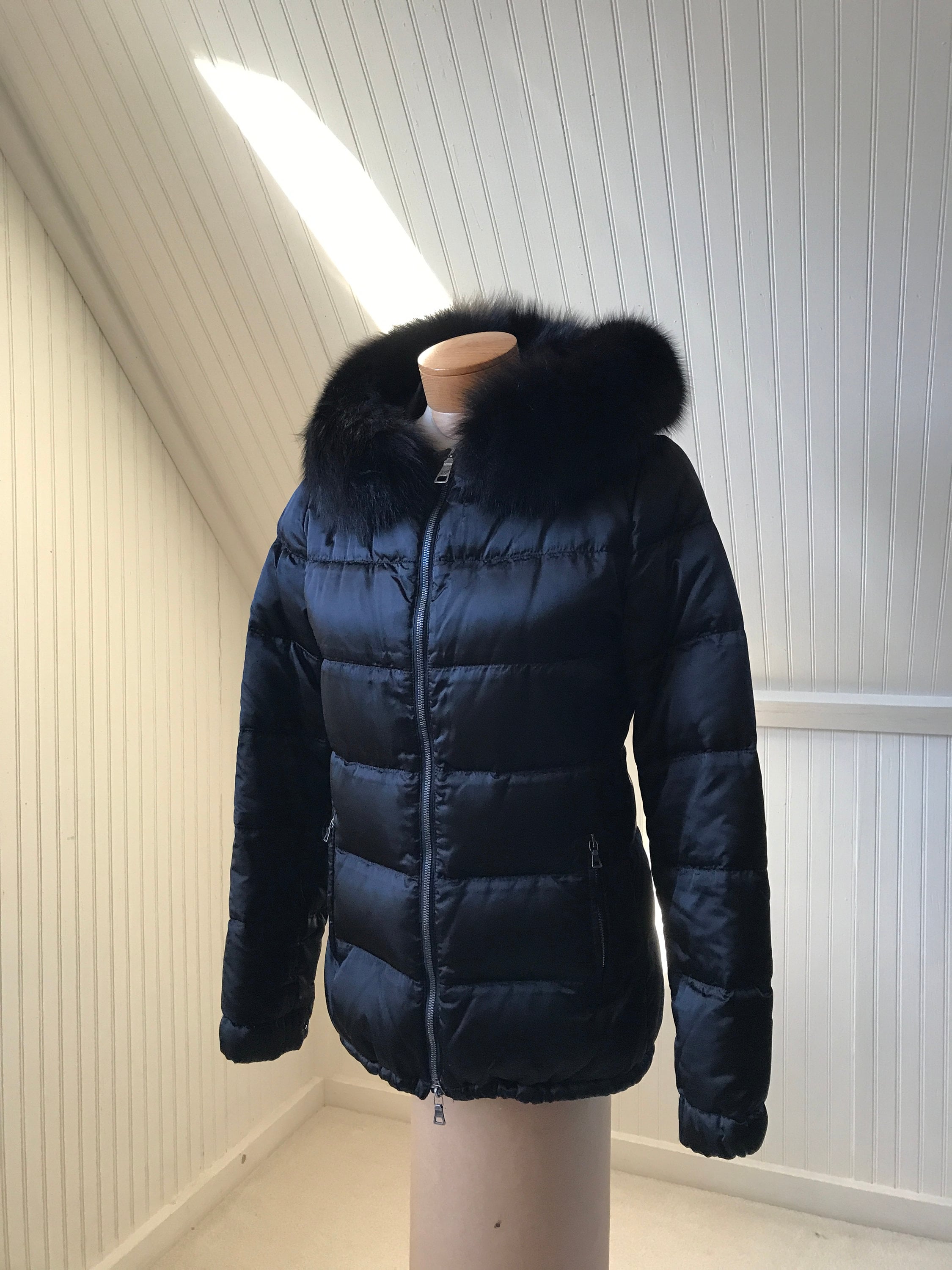 Black Hooded Prada Down Jacket With a Fur Collar and - Etsy