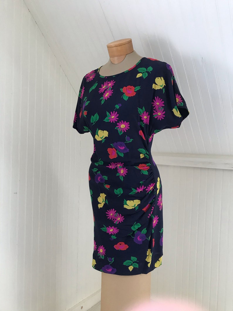 Vintage 1980s Draped Ungaro Silk Crepe Floral Dress, Sz S image 3